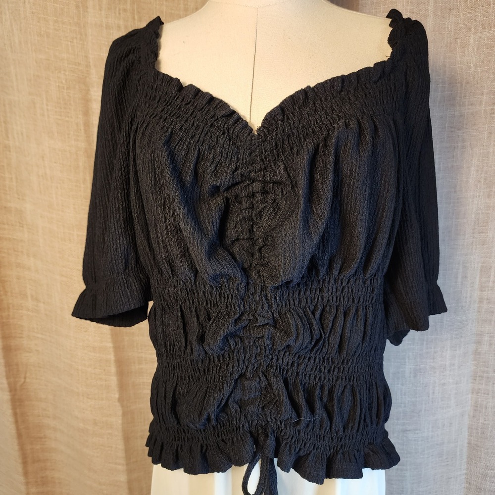 Pilcro Women XL Black Smocked Textured Puff Sleeve Peasant Top Boho Witchy